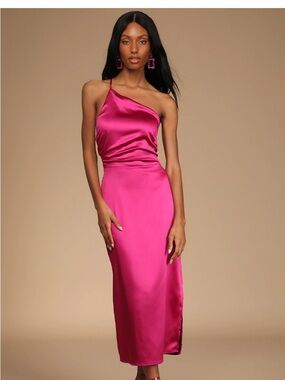 Call Me Confident Magenta Satin One-Shoulder Lace-Up Midi Dress MEDIUM NWT